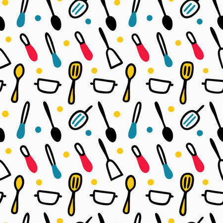Utensil pattern spoons, spatulas, and bowls repeat on white with dotsのイラスト素材