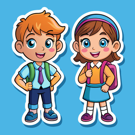 Two cheerful cartoon kids in school attire, smiling, ready for learningのイラスト素材