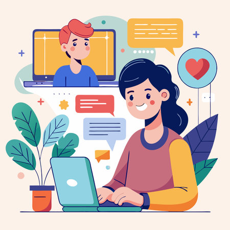 Woman chats online with a man on laptop. Thought bubbles, plant, and heart iconのイラスト素材