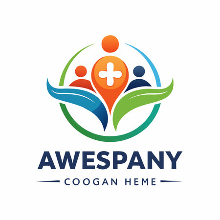 Community care People in a circle with a plus symbol, supported by leaves, implying healthのイラスト素材