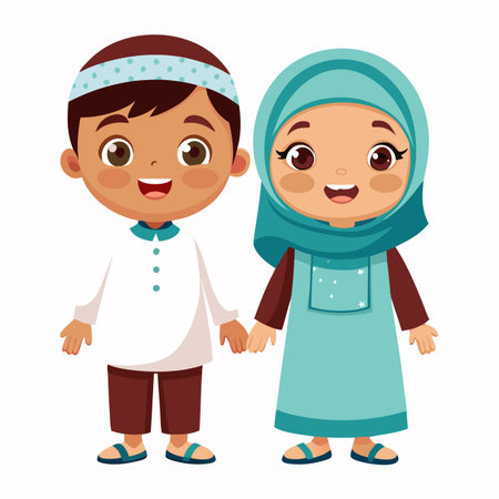 Cartoon of two kids holding hands, wearing traditional clothingのイラスト素材