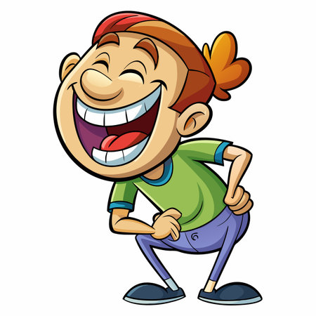 Laughing cartoon character with closed eyes and hand on stomach, joyful expressionのイラスト素材