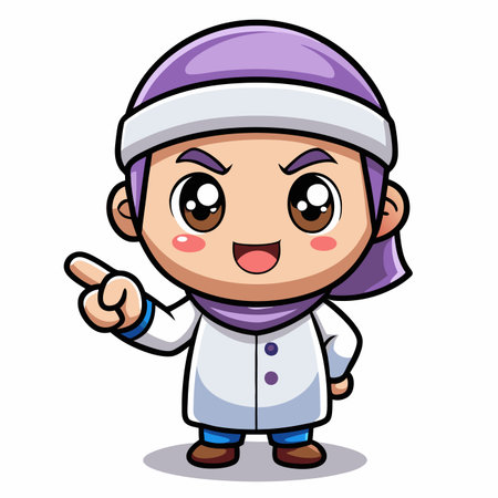 Cute cartoon boy wearing traditional middle eastern clothing, pointing with his handのイラスト素材