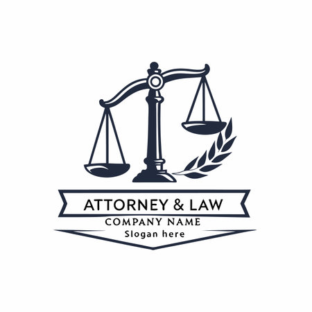 Balanced scales, law firm emblem, laurel, banner, classic design. Monochrome styleのイラスト素材