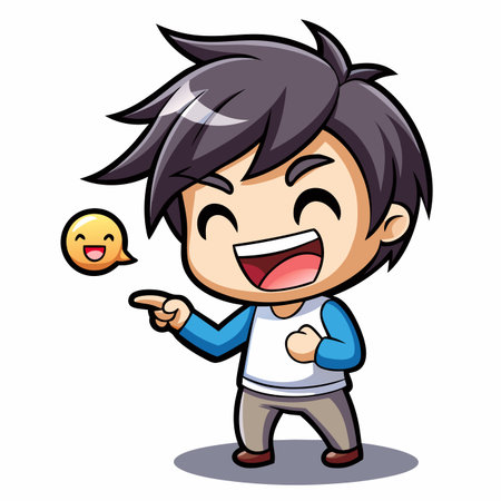 Cartoon boy laughing, pointing at a smiling face bubble. Cute, cheerful