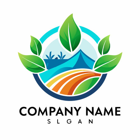 Mountain view, colorful fields, encircled by leaves. Round badge designのイラスト素材