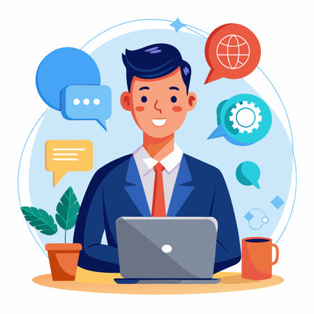 Man in suit with laptop surrounded by communication iconsのイラスト素材