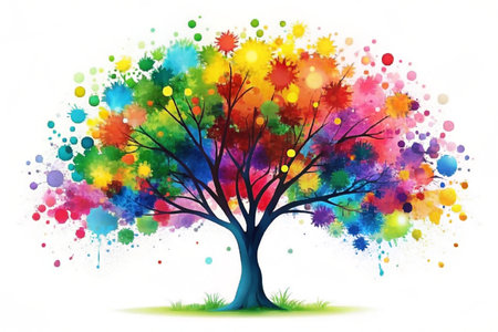 Colorful tree, vibrant paint splashes, white background, design elementの素材