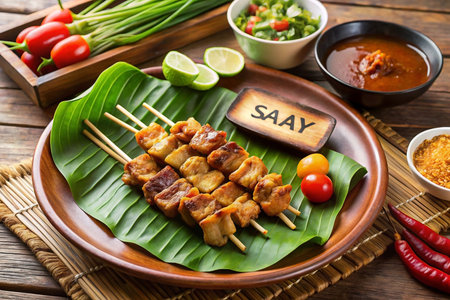 Grilled pork skewers on banana leaves, served with spicy dipping sauceの素材