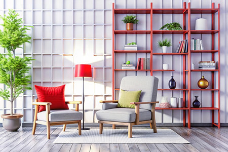 Modern living room, two armchairs, red shelves, plants, sunlightの素材