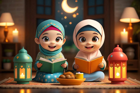 Cartoon Muslim girls reading books in a room with lanterns, Ramadan celebrationの素材
