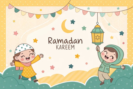 Cartoon kids celebrating Ramadan, holding lantern, festive background, illustration for greeting cardの素材