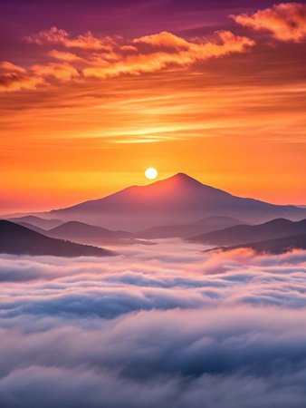 Sunrise Mountaintop Cloudscape, Scenic Vista, Aerial Viewの素材