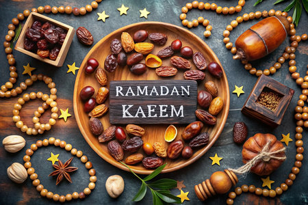 Ramadan Kareem greeting with dates, prayer beads, and spices on dark background.の素材
