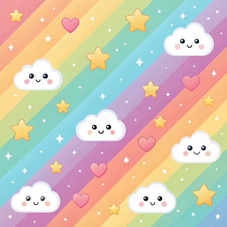 Cute kawaii clouds, stars, hearts rainbow pattern background.の素材
