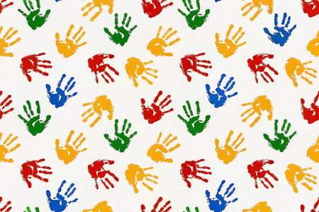 Colorful handprint pattern on white background.の素材