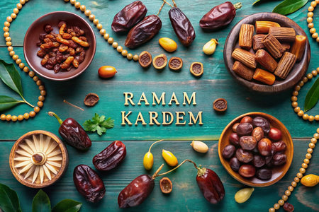 Assorted dried fruits and nuts arranged on a teal wooden background, forming a decorative frame around the words "Ramam Kardem".の素材