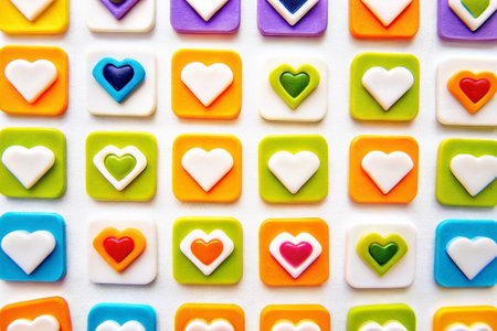 Colorful heart-shaped buttons arranged in a grid pattern on a white background.の素材