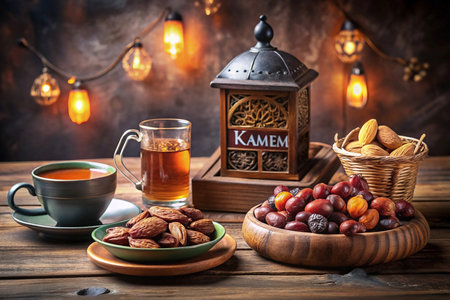 Warm beverage, dried fruits, and nuts on rustic wooden table with lantern and fairy lights.の素材