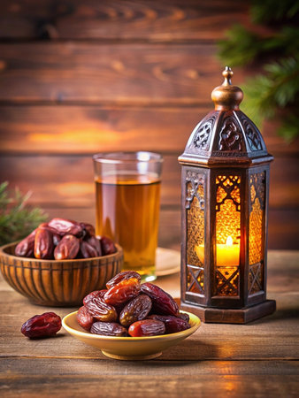 Dates, tea, and lantern on wooden table.の素材