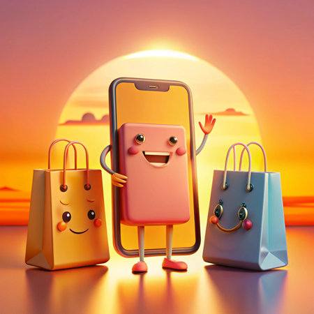 Cartoon phone with shopping bags smiles against a bright, warm sunset backdropの素材