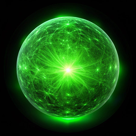 Glowing green sphere with internal light and web-like patterns against blackの素材