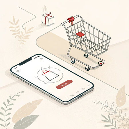 Online shopping concept with a phone, cart, gift box, and plants illustrated on a tan surfaceの素材