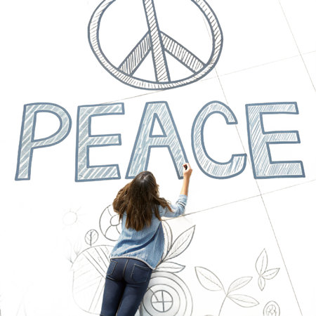 Woman draws peace sign and word, floral art on a white surface from aboveの素材
