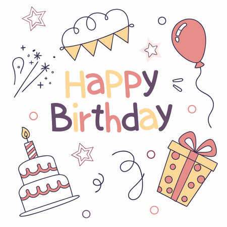 Birthday greeting with cake, gift, balloon, bunting and stars. Doodles on whiteのイラスト素材