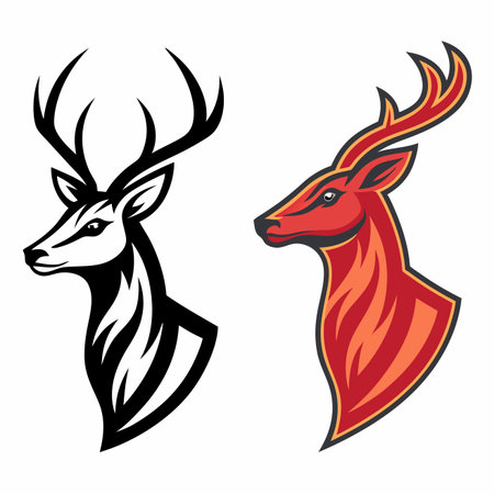 Deer head illustrations. One black, one orange. Antlers displayed on bothのイラスト素材