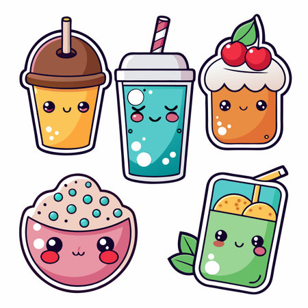 Cute cartoon drinks and desserts with kawaii faces and vibrant colors on a white backgroundのイラスト素材
