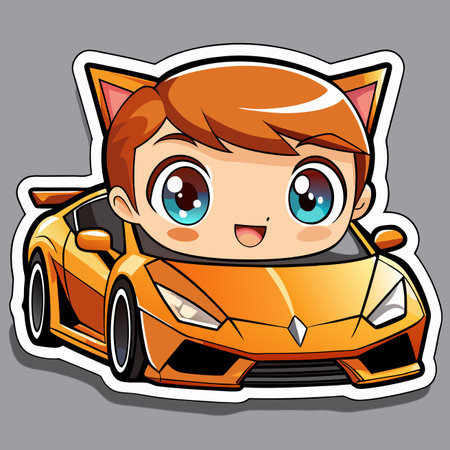 Cute cartoon character riding a car with cat earsのイラスト素材