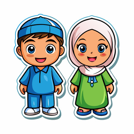 Cartoon kids in traditional Muslim clothing smiling happily togetherのイラスト素材