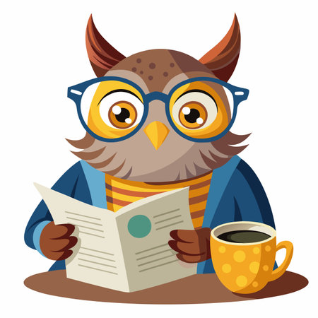 Cartoon owl reading newspaper with coffeeのイラスト素材