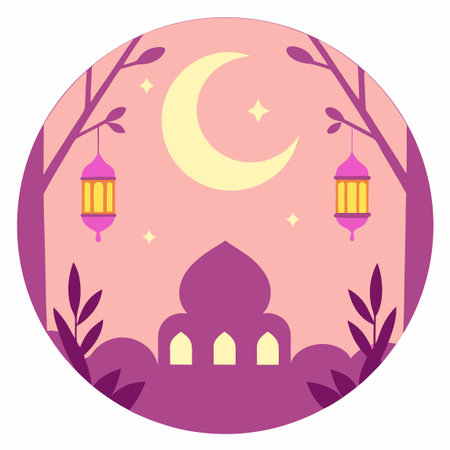 Crescent moon over a building, lanterns hanging from trees, starry nightのイラスト素材