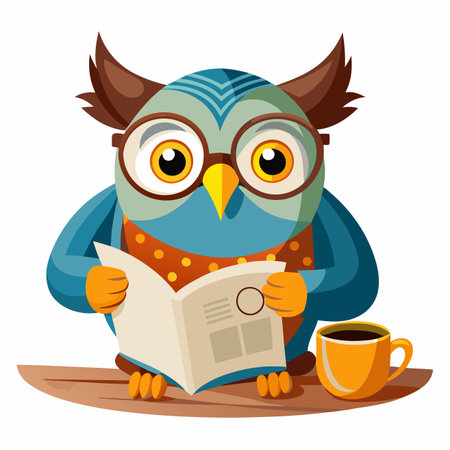 Cartoon owl reading paper, glasses, and coffee. Blue body, brown accents, sitting on a limbのイラスト素材