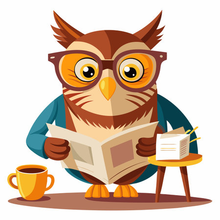 Cartoon owl reading a newspaper with coffee and lunchのイラスト素材