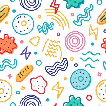Colorful abstract shapes and doodles scattered on a white background creating a seamless patternのイラスト素材
