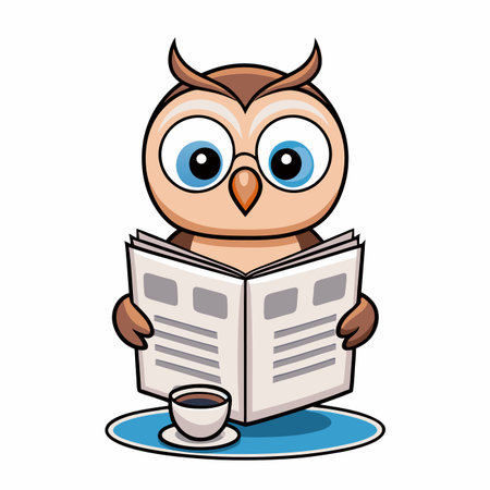 Cartoon owl reading a newspaper and drinking coffee on blue base, isolated on white backgroundのイラスト素材