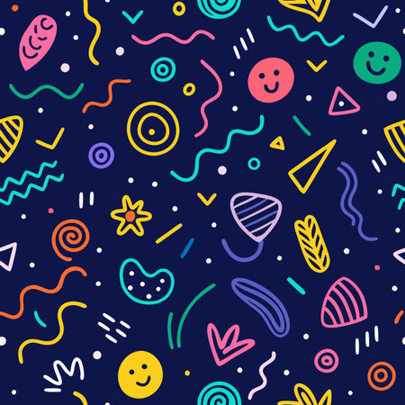 Playful doodle pattern. Colorful shapes and lines on a dark blue background create a fun, whimsical designのイラスト素材
