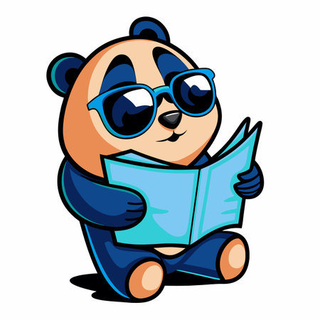 Cartoon panda wearing sunglasses reading a light blue book while sittingのイラスト素材