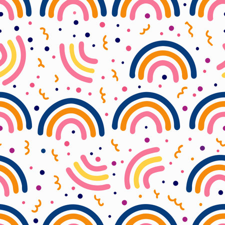 Cheerful pattern with colorful arches, dots, and squiggles on a white backgroundのイラスト素材