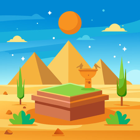 Desert landscape with pyramids, a platform, and blue sky with sunのイラスト素材