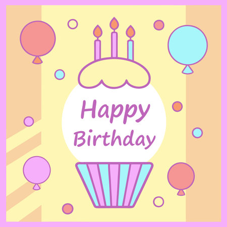 Birthday card with cupcake, balloons, and simple graphic elements on colorful stripesのイラスト素材