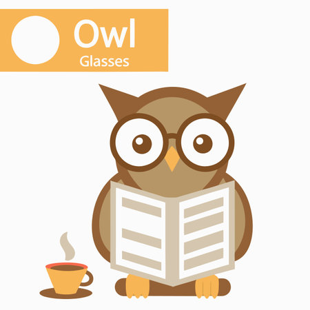 Cartoon owl wearing glasses, reading a book with a cup nearby. Cute and simpleのイラスト素材