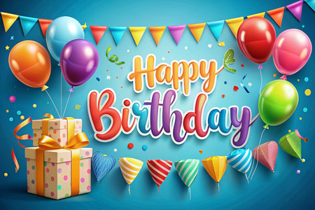 Festive birthday greeting with balloons, gifts, and confetti. (4)の素材