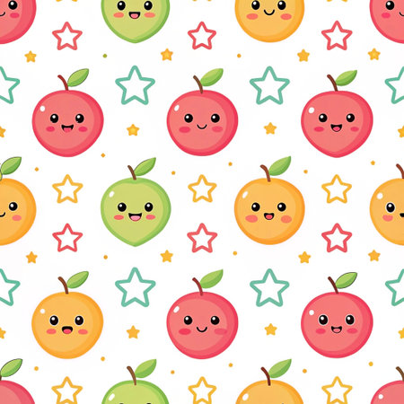 Seamless pattern with cute cartoon apples and stars.の素材