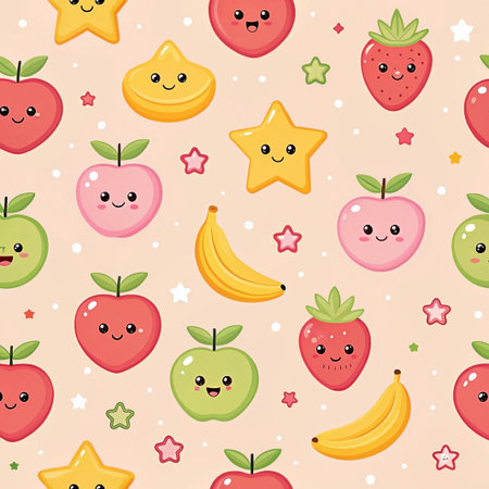 Seamless pattern with cute cartoon fruits and stars. (1)の素材