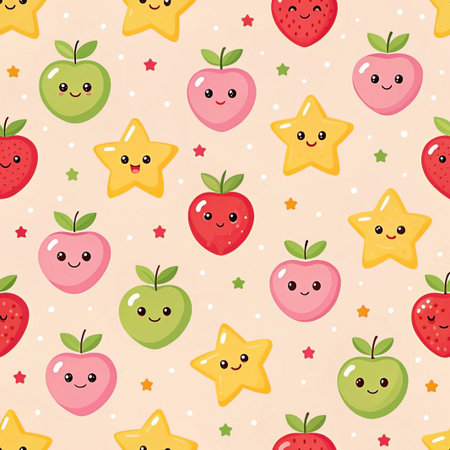 Seamless pattern with cute cartoon apples, strawberries, and stars on a beige background.の素材