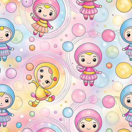 Seamless pattern of cute cartoon astronauts floating in pastel bubbles.の素材